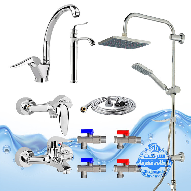 ست ۱۰ عددی شیرآلات برند آیدا صنعت مدل قهرمان اردکی | شیر ظرفشویی + شیر روشویی پایهبلند + شیر حمام + شیر توالت + علم دوش یونیورست رسوبگیر + شلنگ توالت + چهار عدد شیر پیسوار | کروم براق