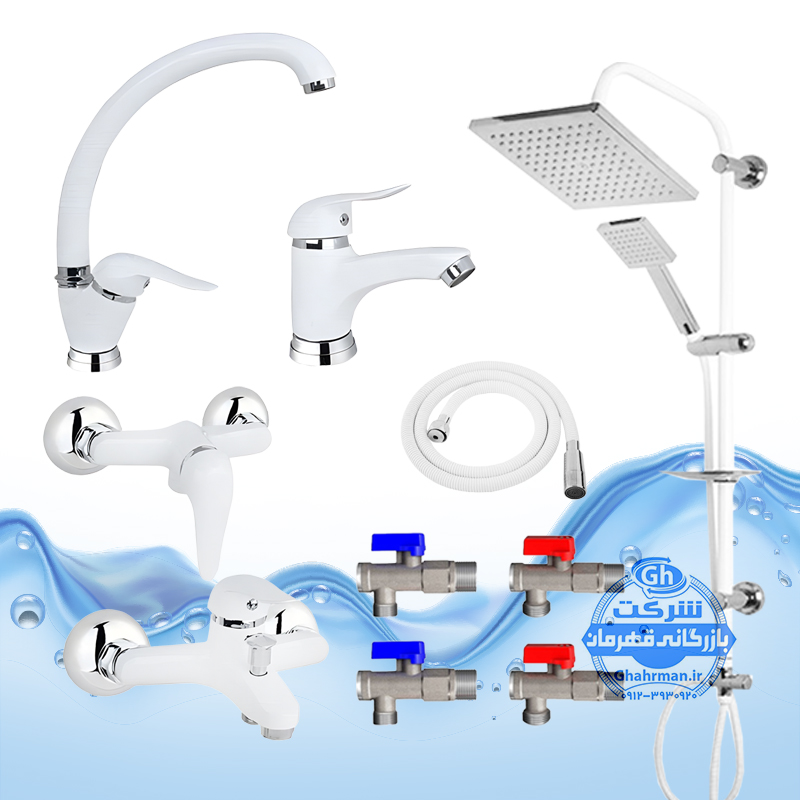 ست ۱۰ عددی شیرآلات برند آیدا صنعت مدل قهرمان اردکی | شیر ظرفشویی + شیر روشویی + شیر حمام + شیر توالت + علم دوش یونیورست رسوب‌گیر + شلنگ توالت + چهار عدد شیر پیسوار | سفید کروم براق