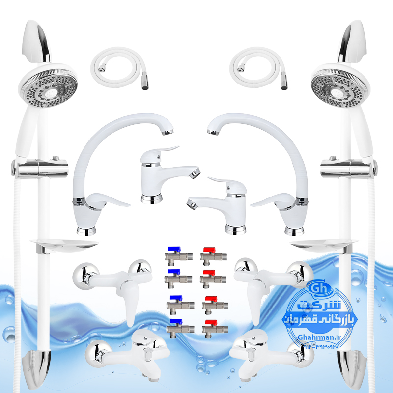 ست ۲۰ عددی شیرآلات برند آیدا صنعت مدل قهرمان اردکی | دو عدد شیر ظرفشویی + دو عدد شیر روشویی + دو عدد شیر حمام + دو عدد شیر توالت + دو عدد علم دوش یونیورست مدل یونیکا سفید کروم + دو عدد شلنگ توالت + دو عدد شلنگ استیل + هشت عدد شیر پیسوار | سفید کروم براق