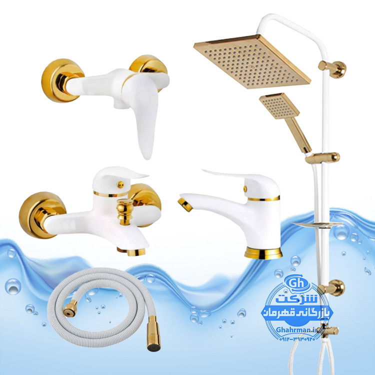 ست ۵ عددی شیرآلات برند آیدا صنعت مدل دنیز | شیر روشویی + شیر توالت + شیر حمام + علم یونیورست رسوبگیر اتومات + شلنگ توالت | سفید طلایی