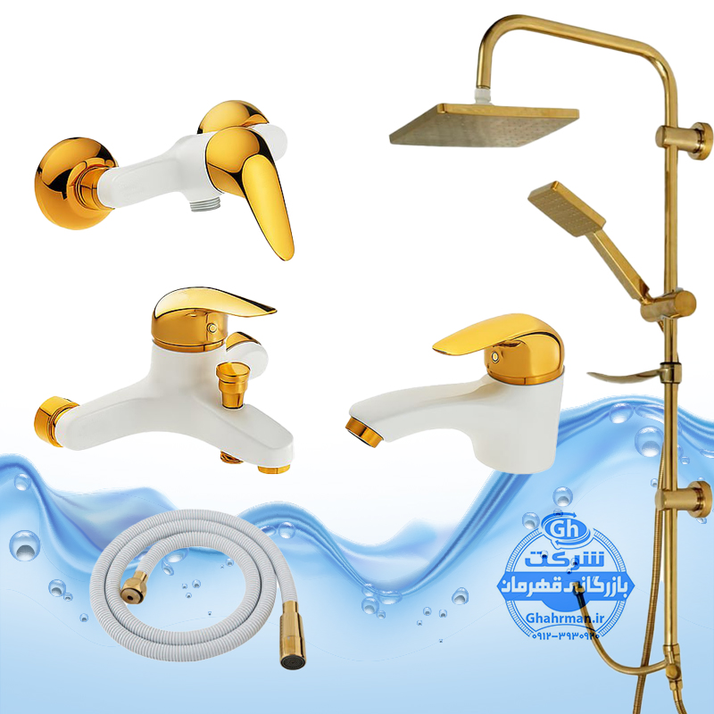 ست ۵ عددی شیرآلات برند آیدا صنعت مدل دنیز | شیر روشویی + شیر توالت + شیر حمام + علم یونیورست رسوب‌گیر اتومات + شلنگ توالت | سفید طلایی