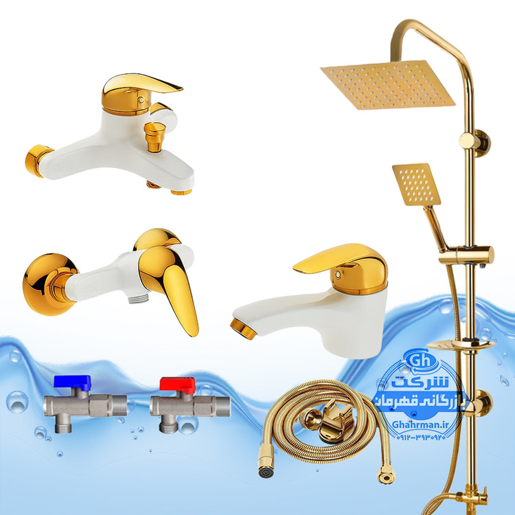ست ۸ عددی شیرآلات برند آیدا صنعت مدل دنیز | شیر روشویی + حمام + توالت + علم دوش یونیورست صفحه استیل + شلنگ توالت + ۲ عدد شیر پیسوار | سفید طلایی
