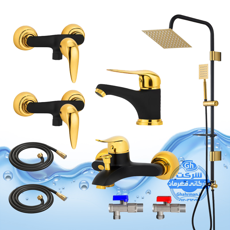 ست ۹ عددی شیرآلات برند آیدا صنعت مدل دنیز | شیر روشویی + شیر حمام + دو عدد شیر توالت + علم دوش یونیورست صفحه استیل + دو عدد شلنگ توالت + دو عدد شیر پیسوار | مشکی طلایی