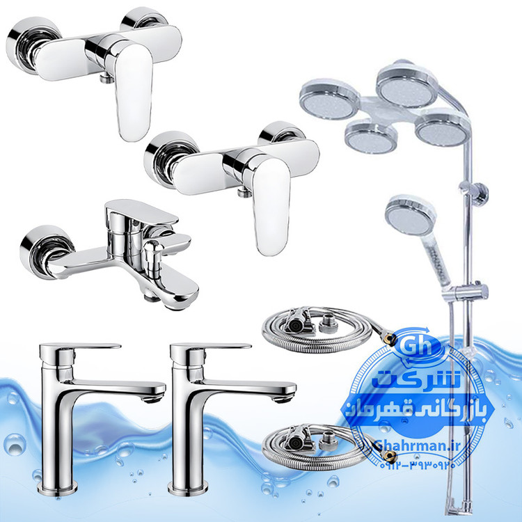 ست ۸ عددی شیرآلات برند آیدا صنعت مدل ونتو | دو عدد شیر روشویی + حمام + دو عدد توالت + علم دوش یونیورست رسوبگیر اتومات هلی شاتی + دو شلنگ توالت | کروم براق ( استیل براق )
