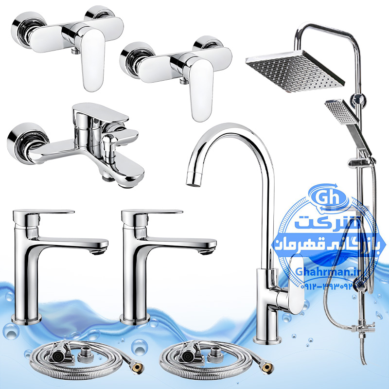 ست ۹ عددی شیرآلات برند آیدا صنعت مدل ونتو | شیر ظرفشویی + دو عدد روشویی + حمام + دو عدد توالت + علم دوش یونیورست رسوب‌گیر اتومات + دو شلنگ توالت | کروم براق ( استیل براق )